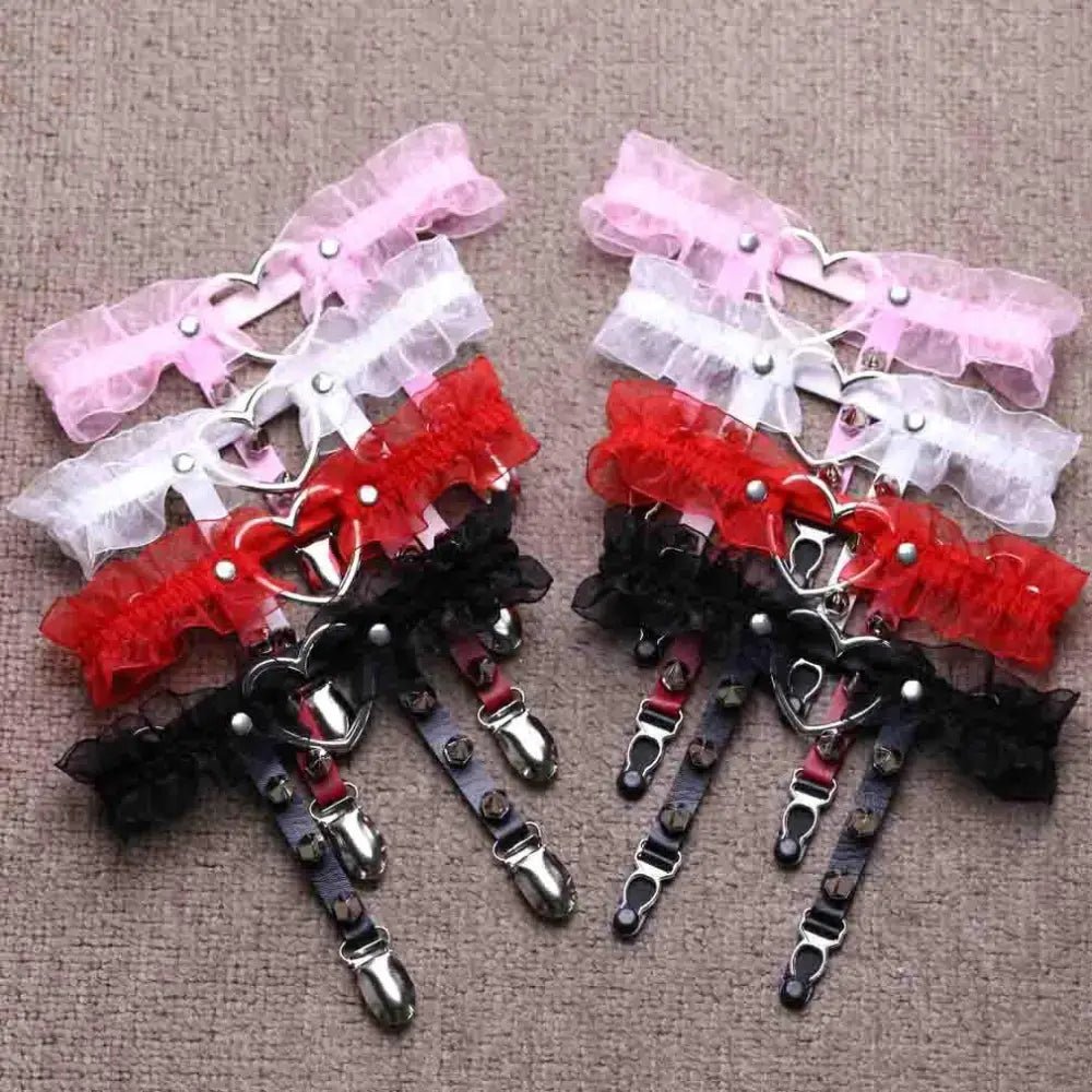 Dainty Ruffled Garter Belt with Chiffon, Grommets, and Spikes - Cosparty