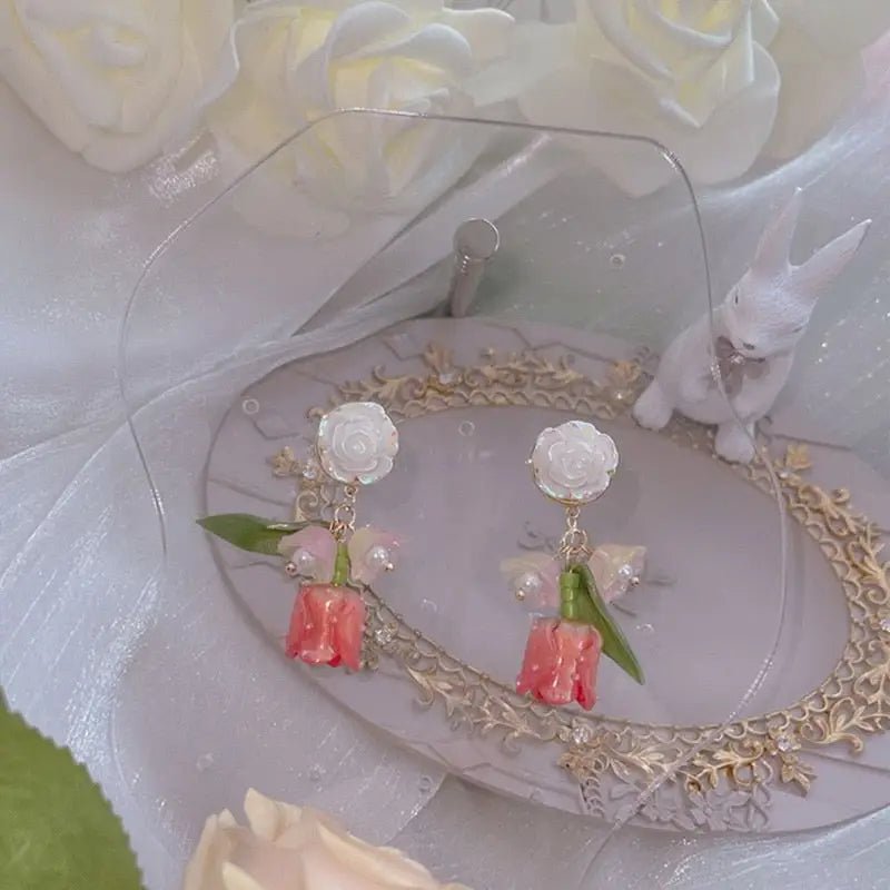 Dainty Tulip Flower Earrings with Gold Details and Backings - Cosparty