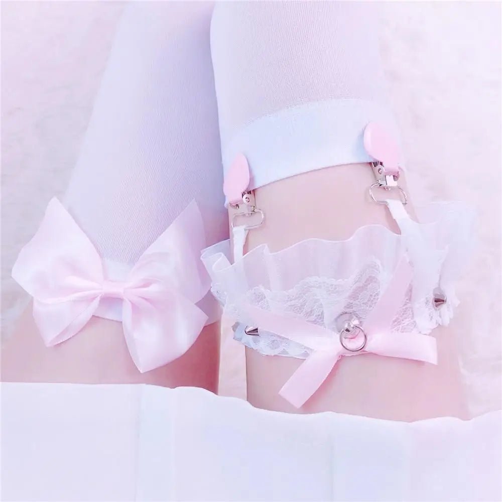 Dainty Vegan Garter Belt with Ruffled Tulle Lace and Pink Hearts - Cosparty