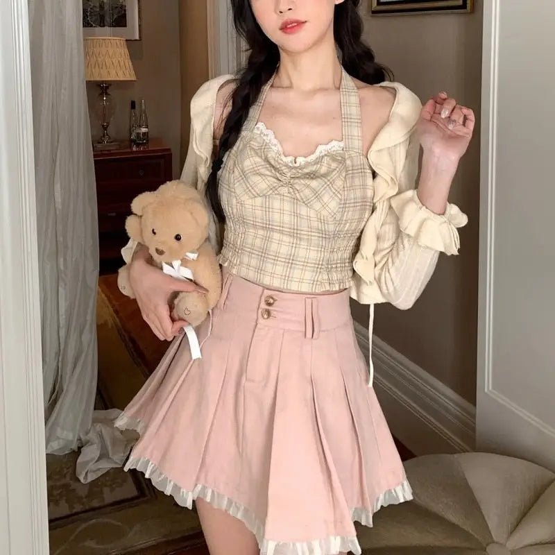 Dusty Rose Pink Pleated Skirt with White Lace Trim - Cosparty