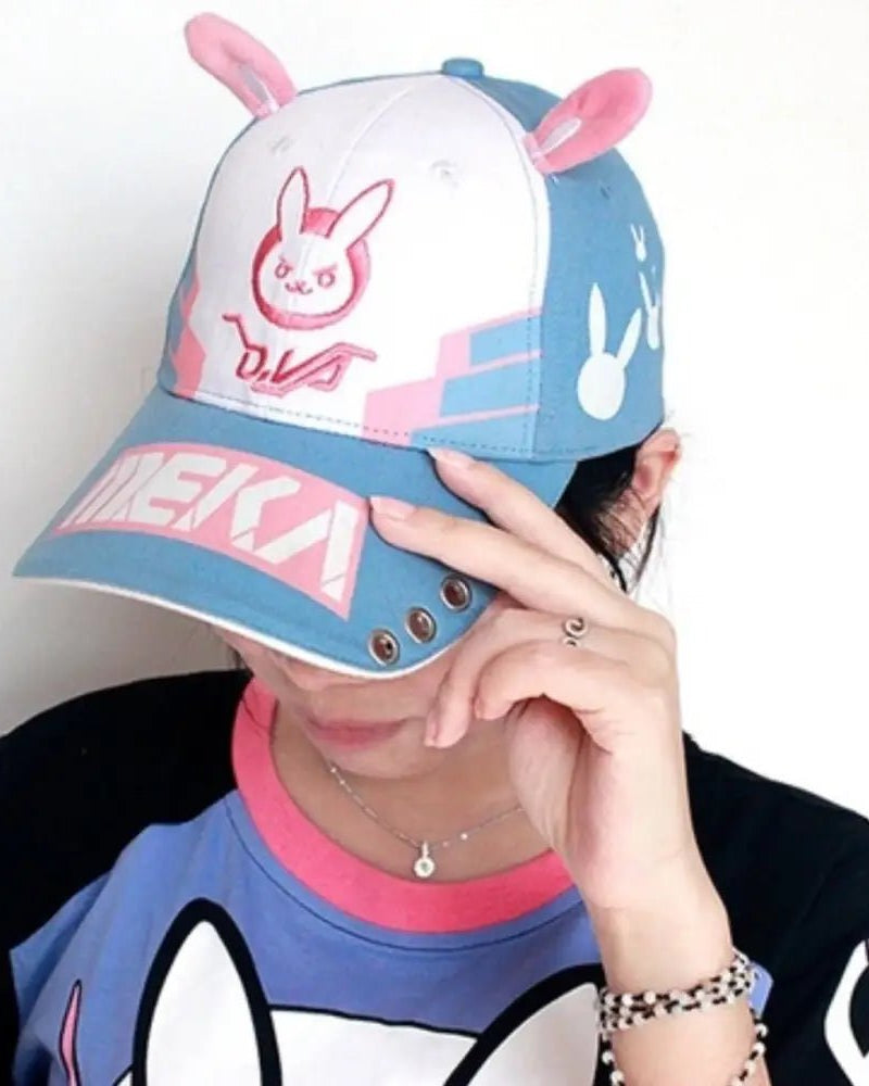 D.Va Overwatch Rabbit Ear Hat with Kawaii Embroidery and Detailing - Cosparty