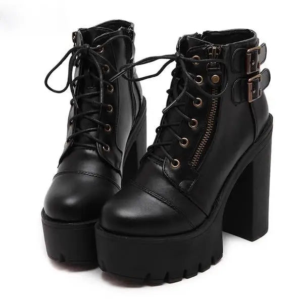 Edgy Punk Rock Chunky Block Heeled Booties for Fit Feet - Cosparty