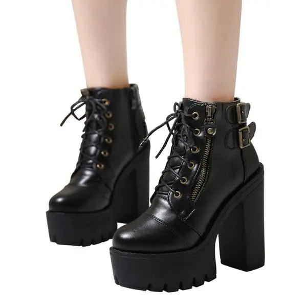 Edgy Punk Rock Chunky Block Heeled Booties for Fit Feet - Cosparty