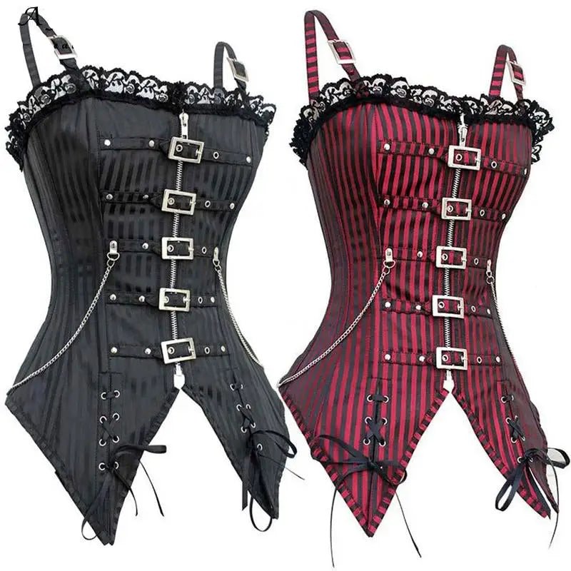 Edgy Punk Rock Corset with Pin Stripes and Lace Trim - Cosparty