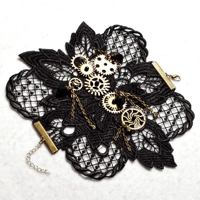 Elegant Steampunk Cuff with Copper and Brass Gears on Black Lace - Cosparty