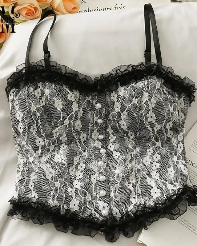 French Floral Camisole - Black - belly shirt, shirts, crop, crop top