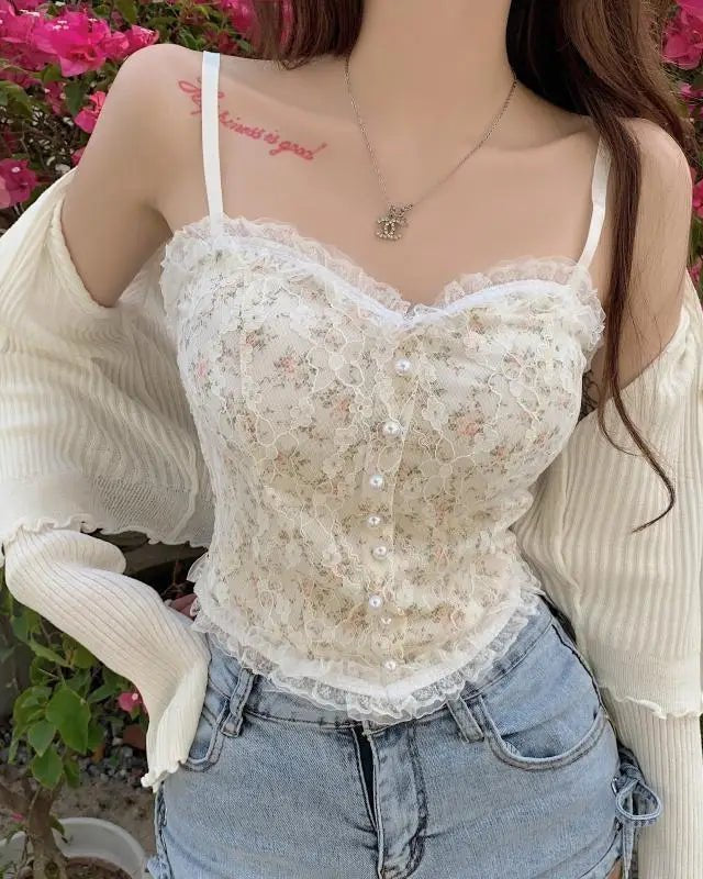 Ethereal Floral Camisole Inspired by Vintage French Film Elegance - Cosparty