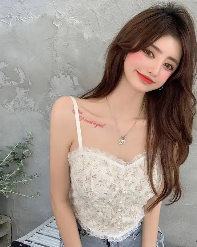 Ethereal Floral Camisole Inspired by Vintage French Film Elegance - shirt