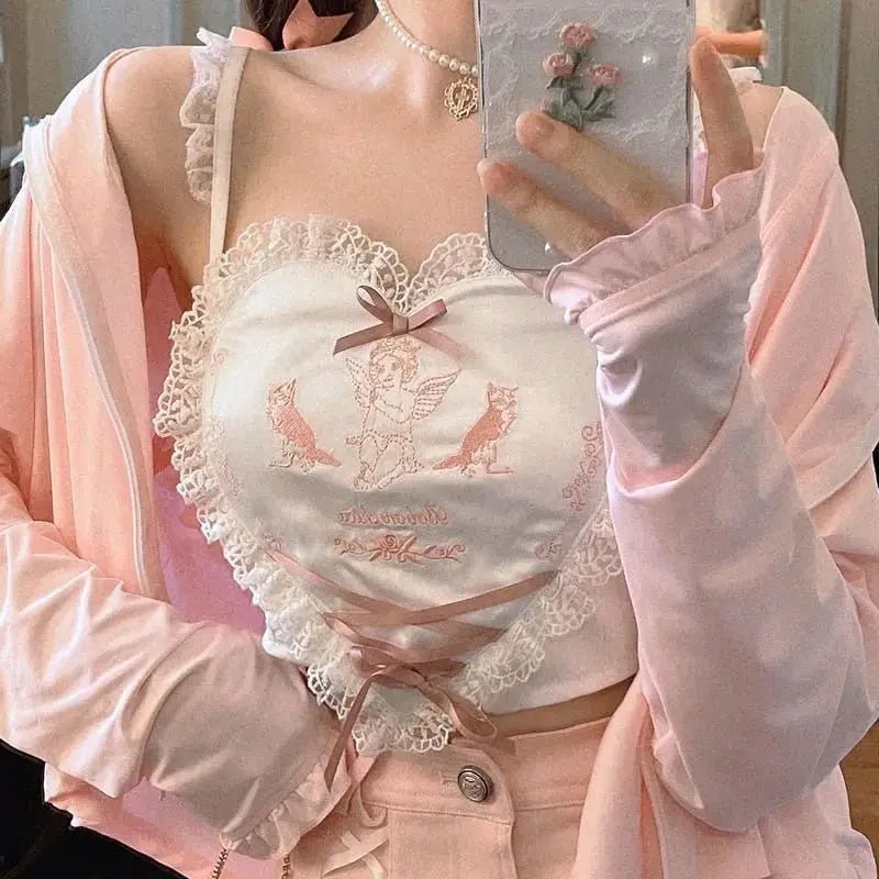 Ethereal Lace and Ribbon Heart Shaped Crop Top - Cosparty
