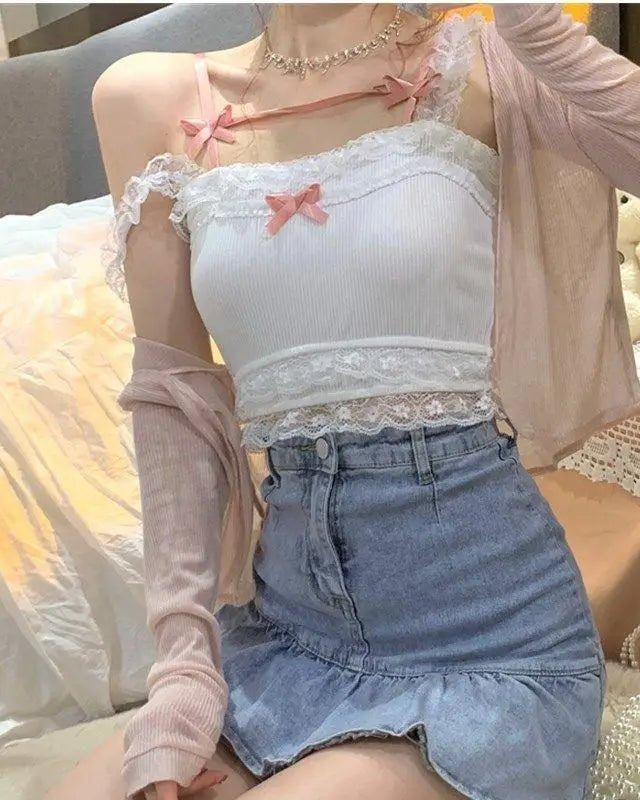 Ethereal Nymphette Knit Camisole with Lace Trim and Ribbons - Cosparty