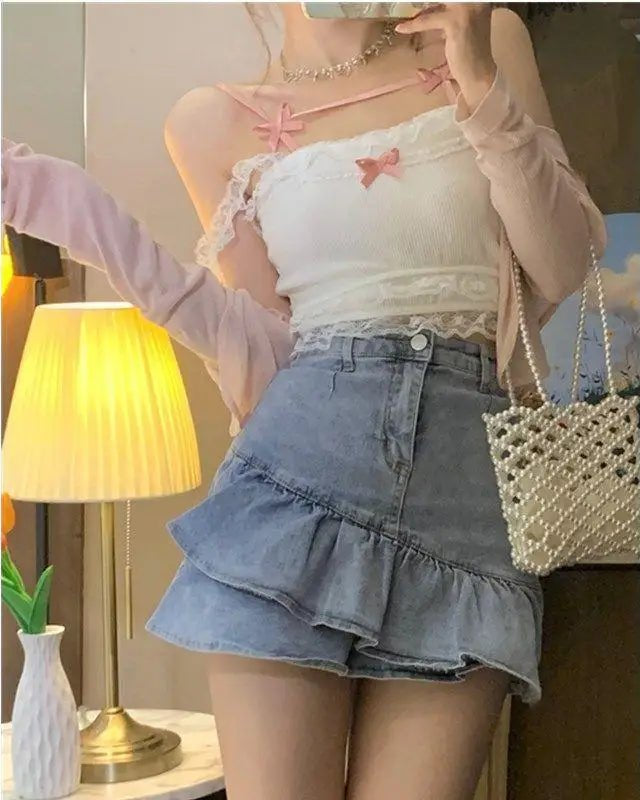 Ethereal Nymphette Knit Camisole with Lace Trim and Ribbons - Cosparty