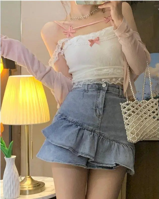 Ethereal Nymphette Knit Camisole with Lace Trim and Ribbons - shirt