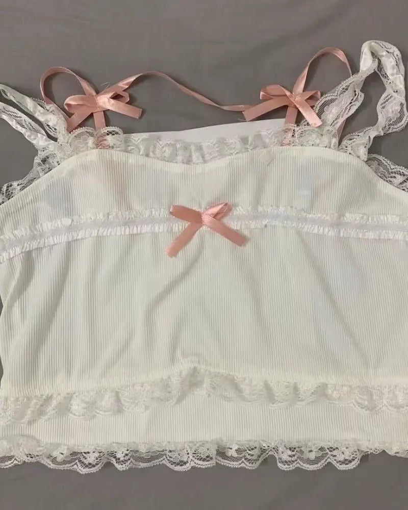 Ethereal Nymphette Knit Camisole with Lace Trim and Ribbons - Cosparty