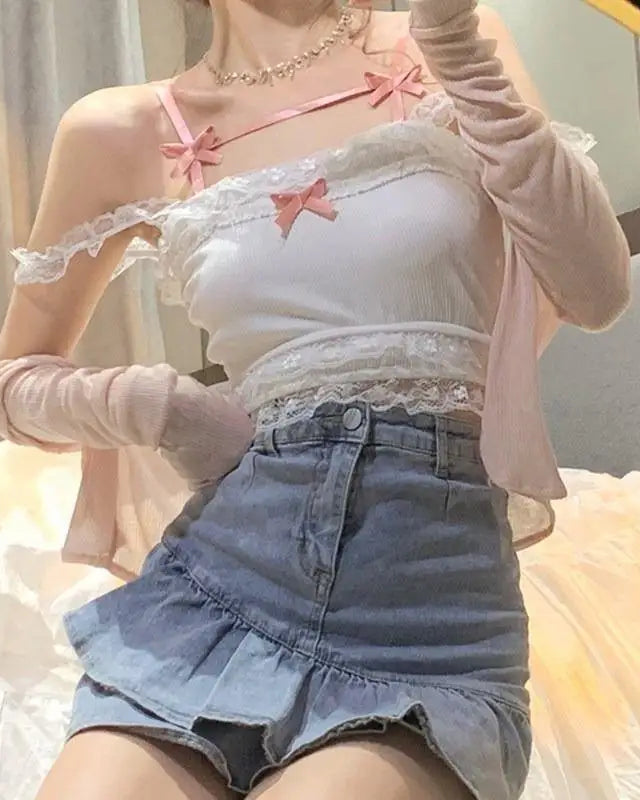 Ethereal Nymphette Knit Camisole with Lace Trim and Ribbons - shirt