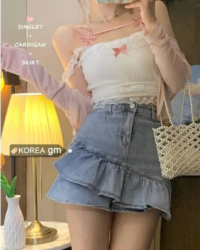 Ethereal Nymphette Knit Camisole with Lace Trim and Ribbons - shirt