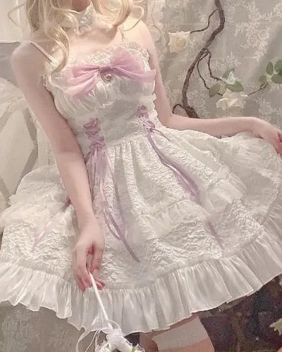 Ethereal Princess Lace Dress with Ruffles and Bows - dress