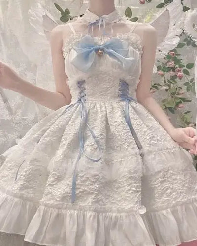 Ethereal Princess Lace Dress with Ruffles and Bows - dress