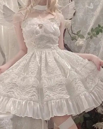 Ethereal Princess Lace Dress with Ruffles and Bows - Cosparty