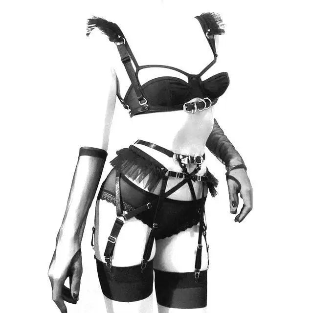 Exquisite Bondage Style Lingerie Set with Garters and Harnesses Included - Cosparty