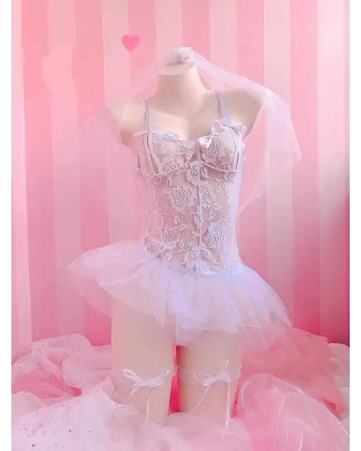 White Bride Lingerie Bodysuit Bridal Wedding Lace Tutu Skirt Headpiece Garter