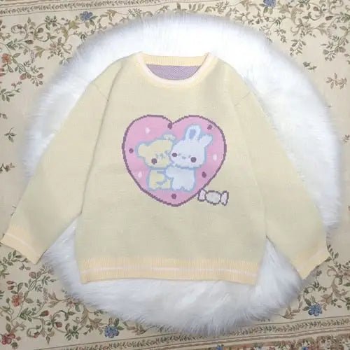 Fairy Kei Bunny Knit Pullover Sweater in Pink and Yellow, 58cm Length - Cosparty