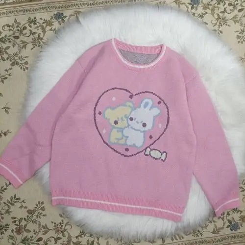 Fairy Kei Bunny Knit Pullover Sweater in Pink and Yellow, 58cm Length - Cosparty
