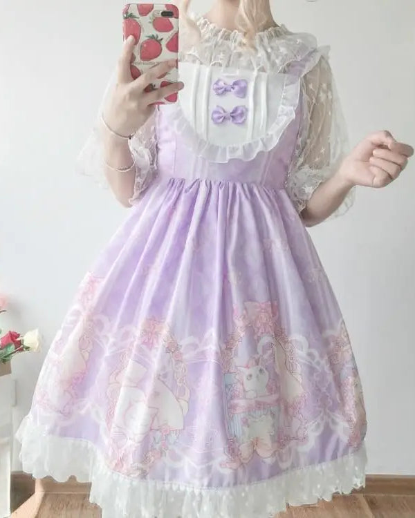 Lavender Purple Sweet Lolita JSK Dress Fairy Kei Kittens Cat Print