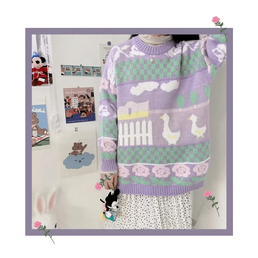 Fairy Kei Vintage Knit Cardigan Sweater with Pastel Patterns - Cosparty