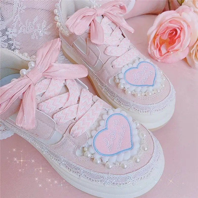 Fairycore Heart Embellished Sneakers in Soft Pink Vegan Materials - Cosparty