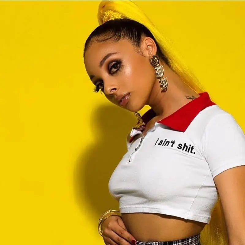 Fiesty Collared Zip Up Crop Top with I Aint Shit Design - Cosparty