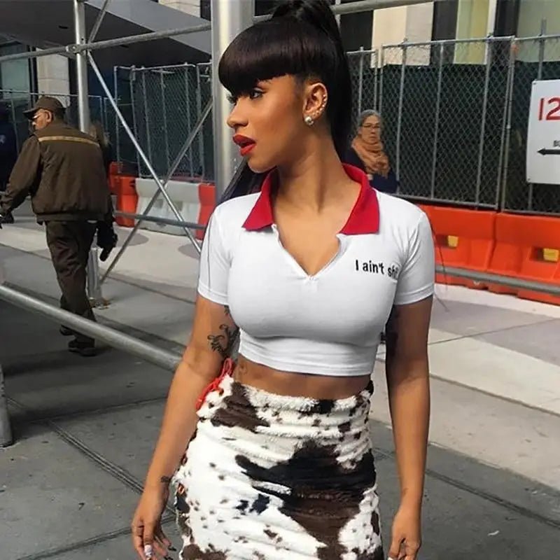 Fiesty Collared Zip Up Crop Top with I Aint Shit Design - Cosparty