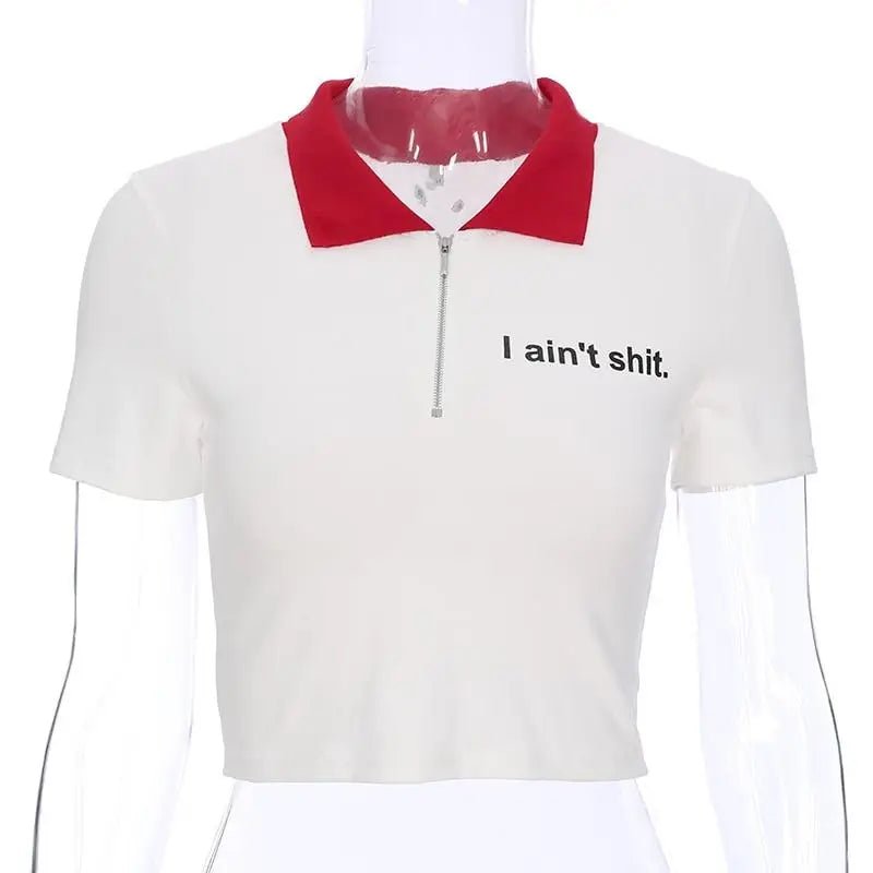 Fiesty Collared Zip Up Crop Top with I Aint Shit Design - Cosparty
