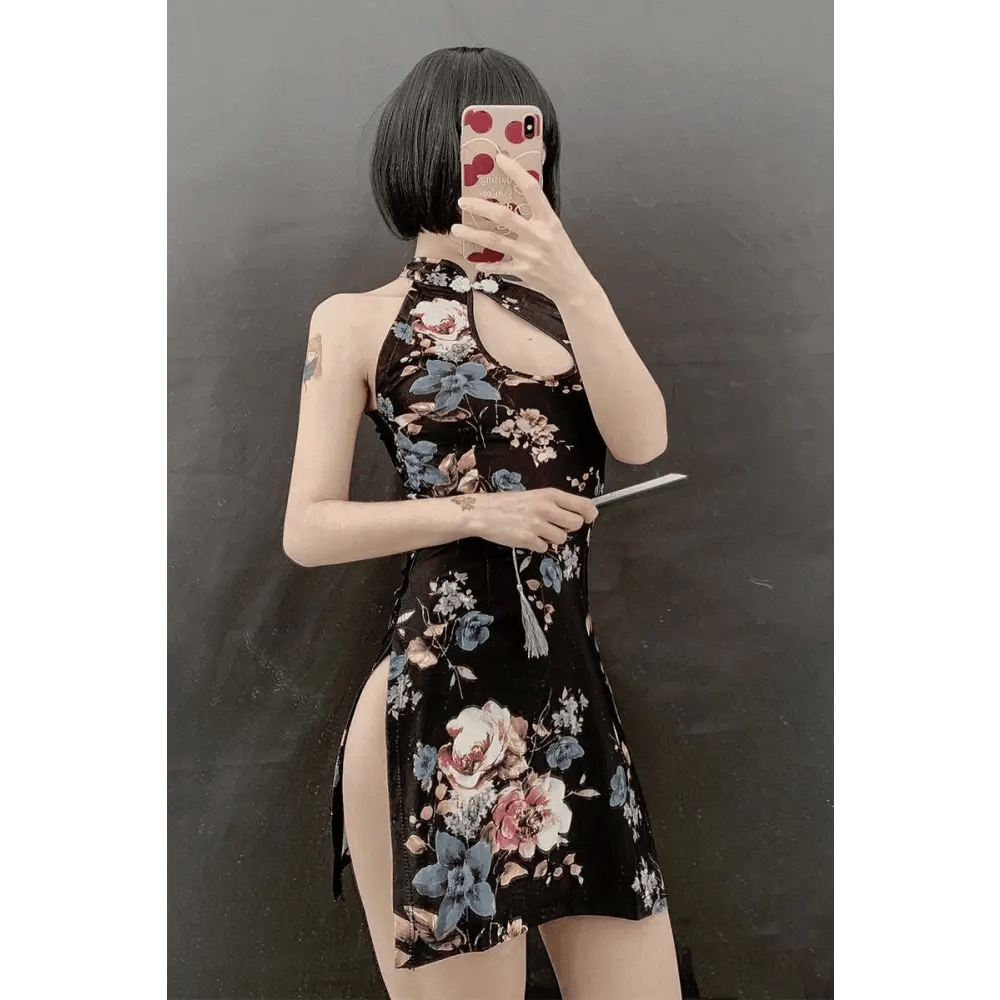 Floral Kimono Dress with High Slits and Cut - Outs - Cosparty