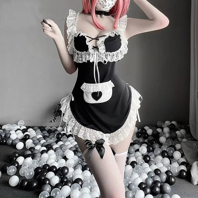 French Maid Lace and Ruffle Bodysuit Set with Accessories - Cosparty