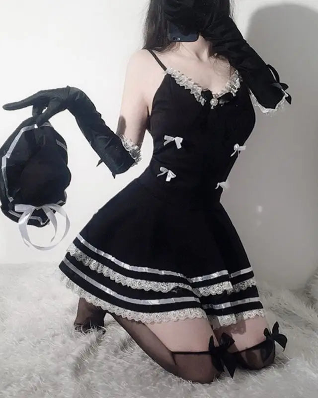 French Maid Lace Ruffle Dress with Matching Gloves - costume