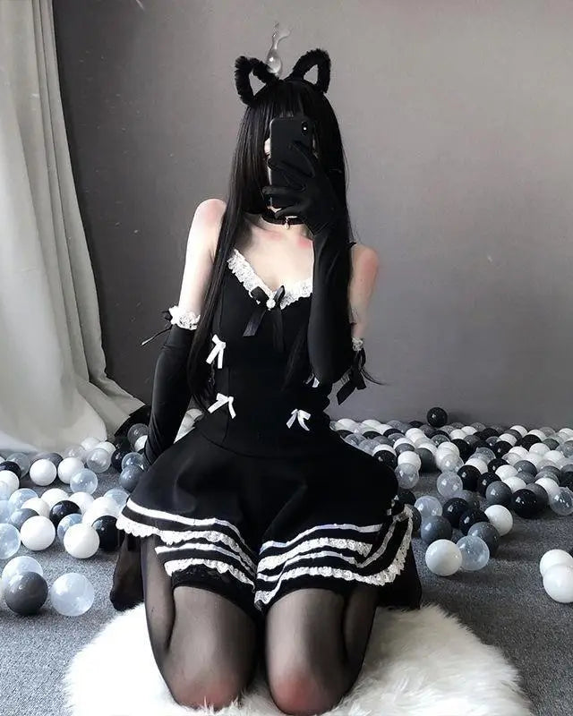 French Maid Lace Ruffle Dress with Matching Gloves - costume