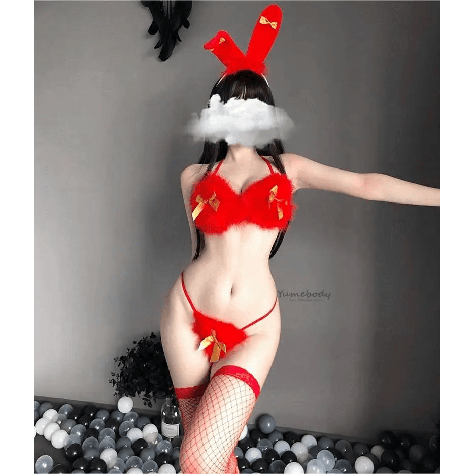 Furry Christmas Lingerie Set with Bow in Soft Red Plush Fur - Cosparty