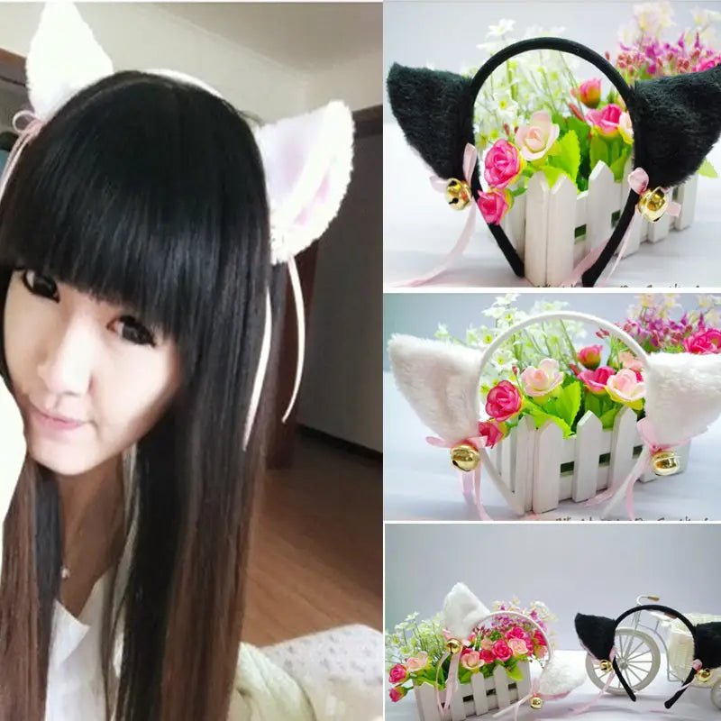 Fuzzy Kitty Cat Ear Headband with Bells and Ribbon - Cosparty