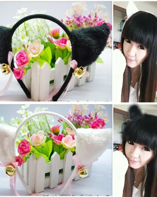 Fuzzy Kitty Cat Ear Headband with Bells and Ribbon - Cosparty