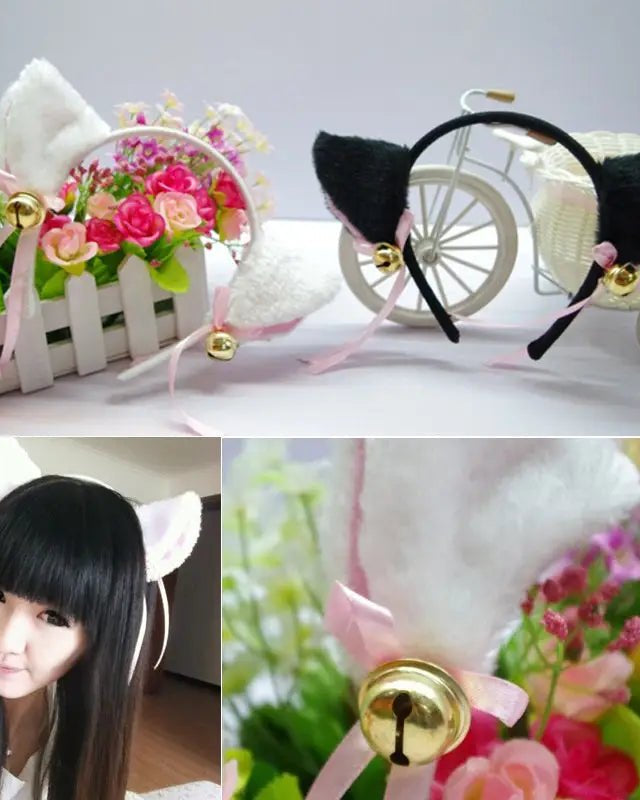 Fuzzy Kitty Cat Ear Headband with Bells and Ribbon - Cosparty