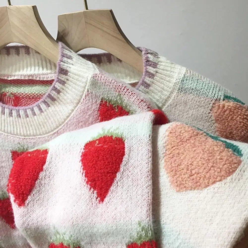 Fuzzy Peach and Strawberry Long Sleeve Sweatshirt for Kawaii Style - Cosparty