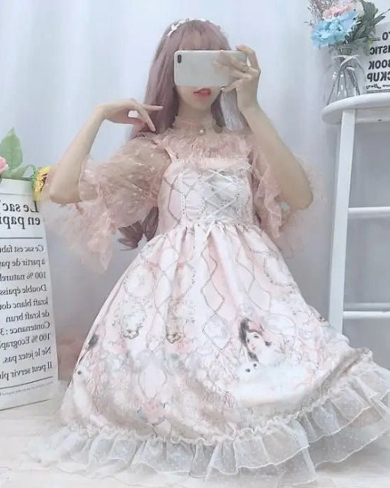 Genuine Lolita Dress in Pastel Pink with Victorian Inspired Design - Cosparty