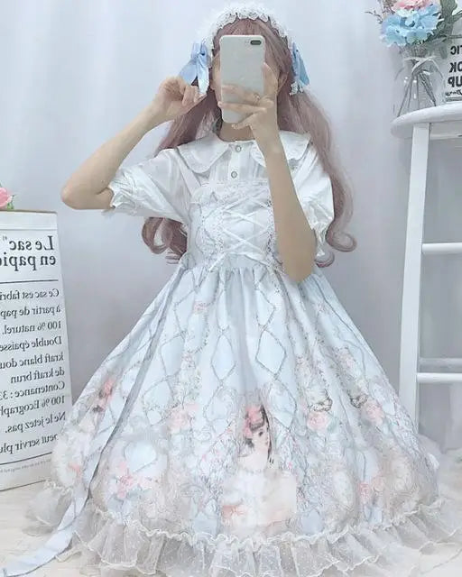 Genuine Lolita Dress in Pastel Pink with Victorian Inspired Design - Blue dress - dress