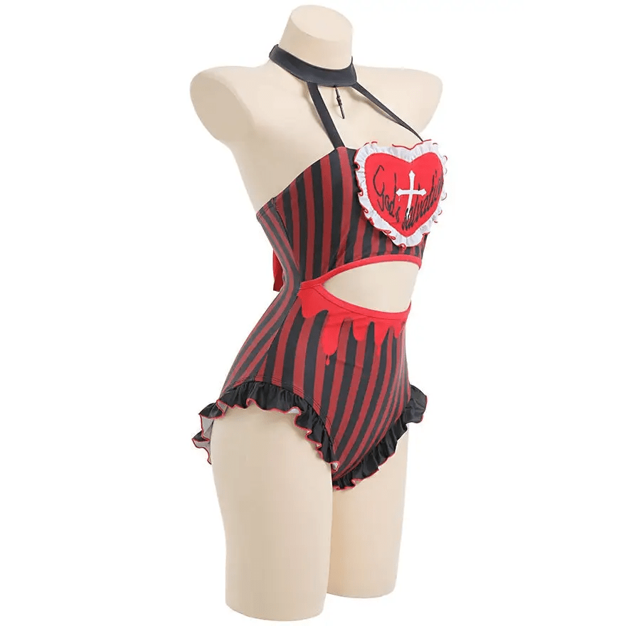 God's Salvation Onesie with Gothic Striped Design in Black and Red - Cosparty