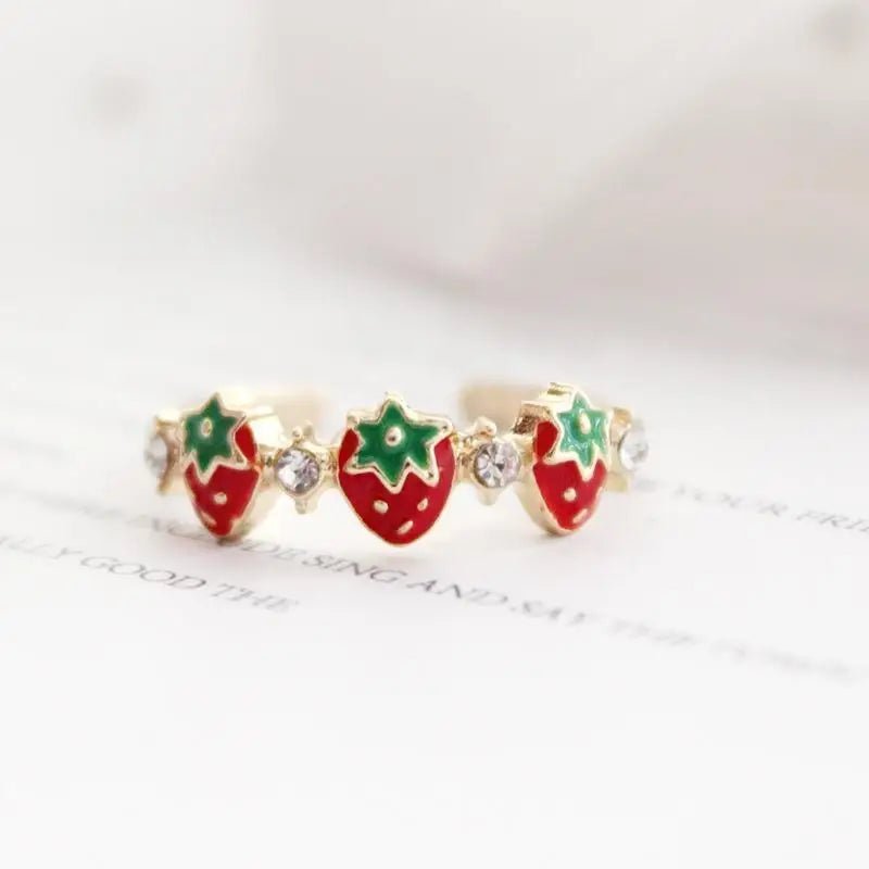 Gold Plated Strawberry and Rhinestone Adjustable Ring - Cosparty
