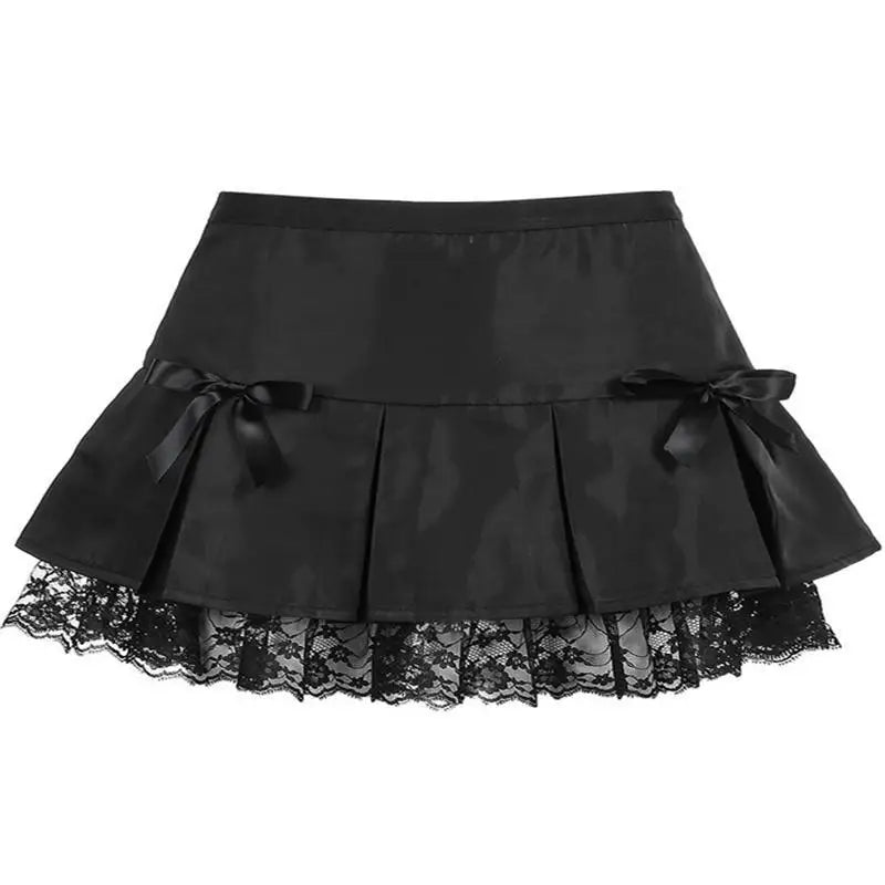 Gorgeous Black Velvety Suede Pleated Skirt with Lace Details - Cosparty