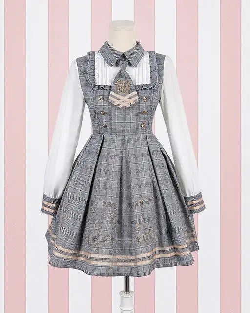 Grey Student Lolita Dress Costume Cosplay Mori Girl Kawaii Japan Fashion Tartan Plaid