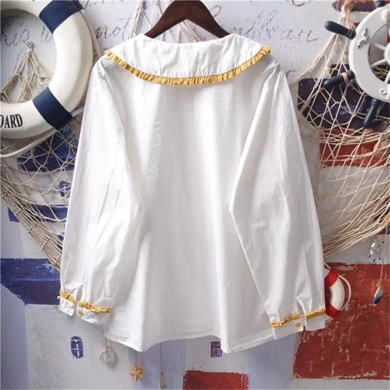 Gorgeous White Peter - Pan Style Sunflower Button - Up Blouse - Cosparty