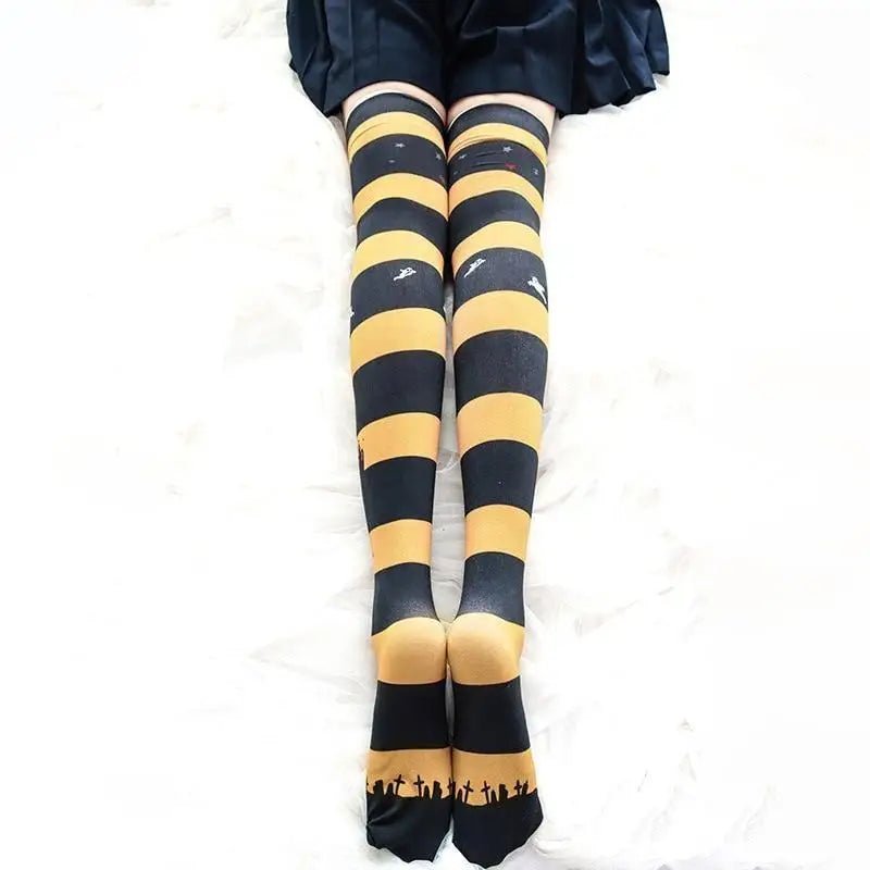Gothic Halloween Stockings with Spooky Black and Orange Print - Cosparty