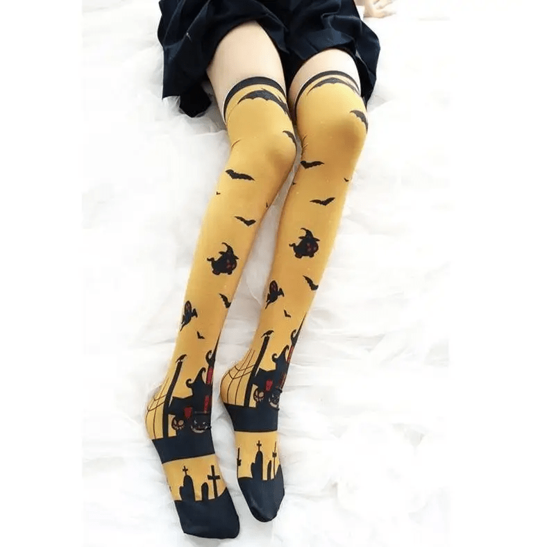 Gothic Halloween Stockings with Spooky Black and Orange Print - Cosparty